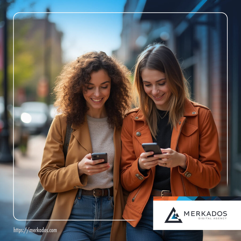 2 women checking their phone in downtown Pittsboro NC.
