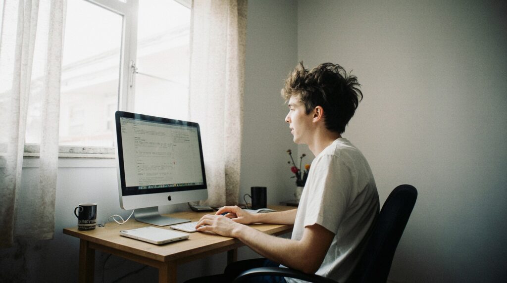 Non Professional Web Designer in his bedroom.